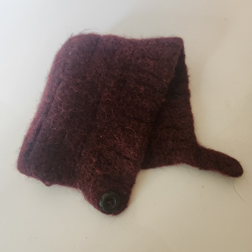 Burgundy Wool Knit Bonnet Hat Button Chin Strap Fuzzy Warm WinterCap Handcrafted